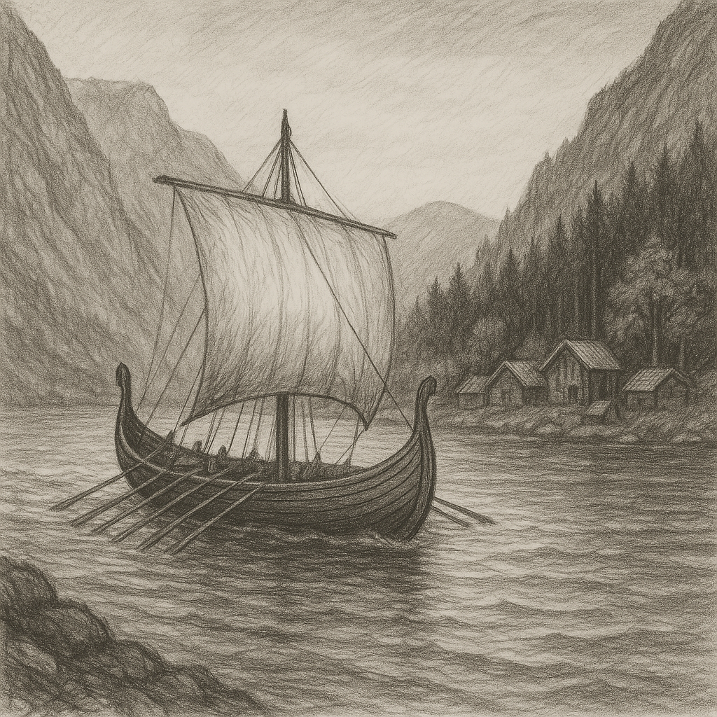 Drachenboot vor Küste mit Wäldern und Bergen