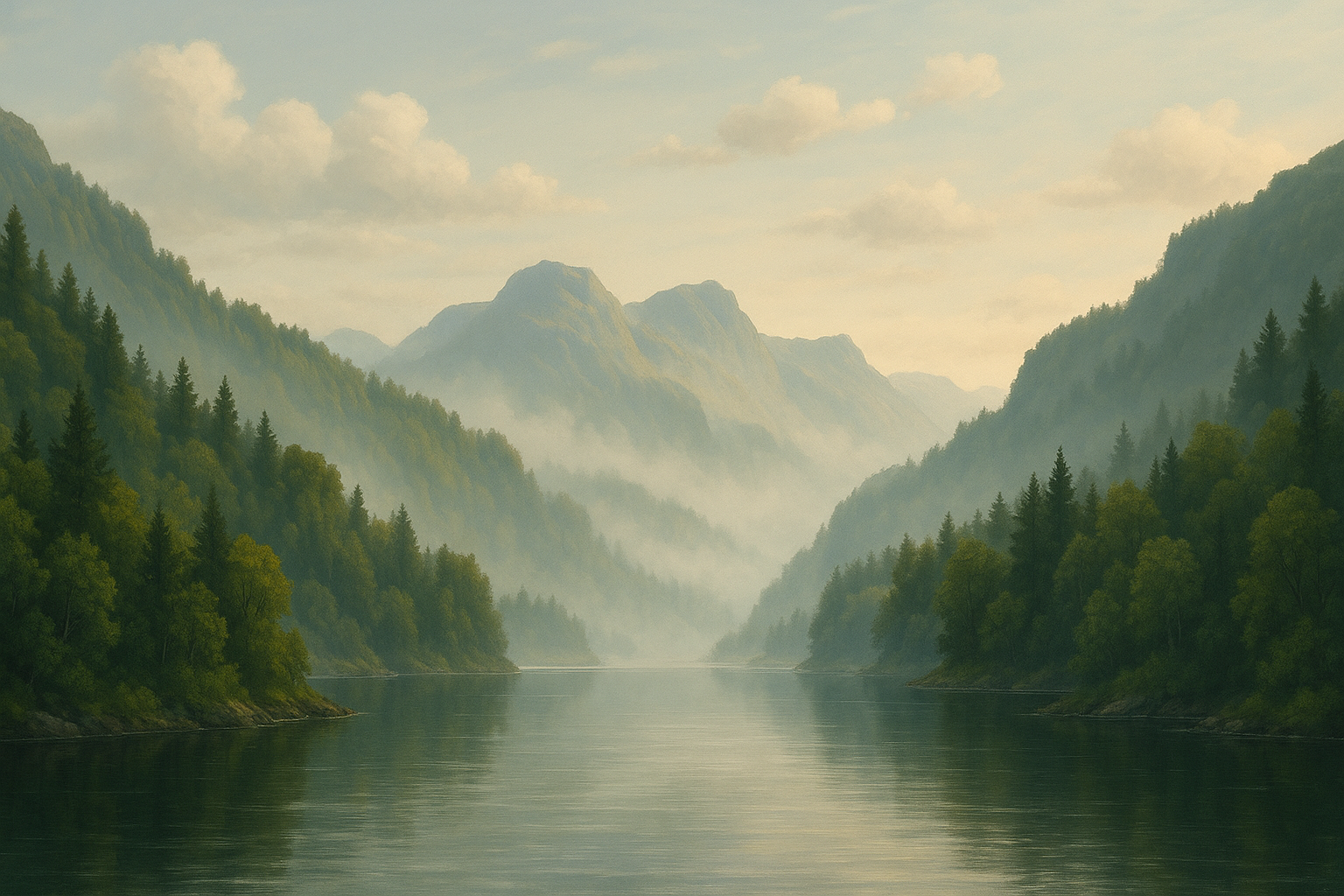 Fjord mit Wäldern, Nebel und im Hintergrund ein Berg